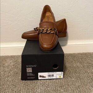 Vionic Tan Leather Loafers with Chain Detail